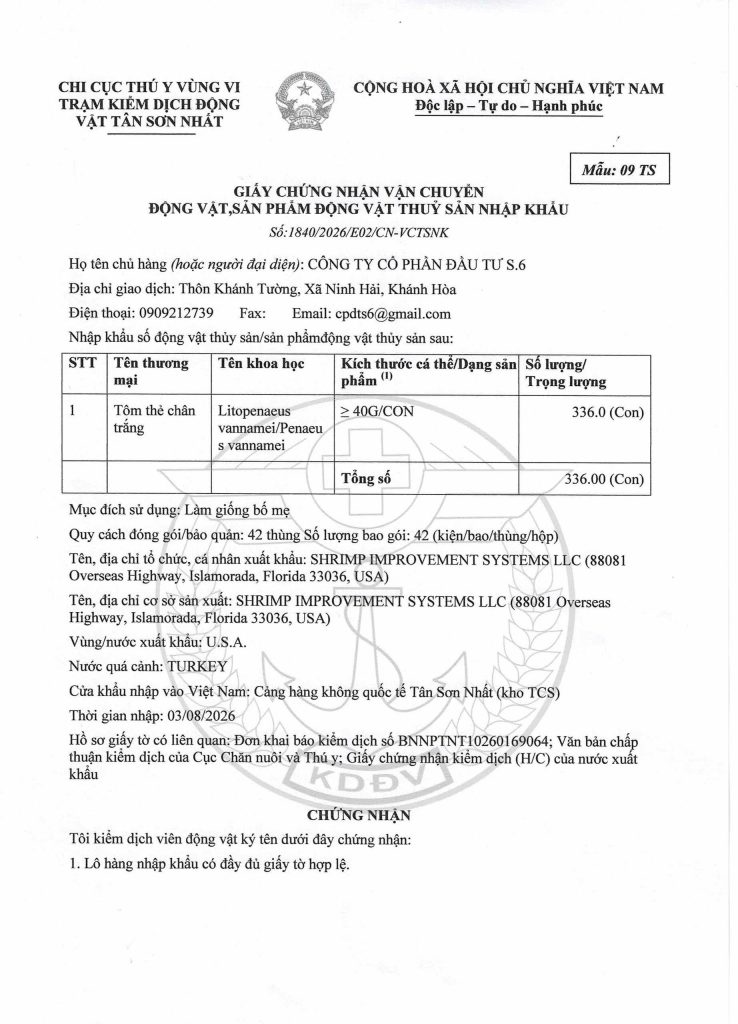 Tôm bố mẹ SIS cam kết đầy đủ các bước kiểm định nghiêm ngặt